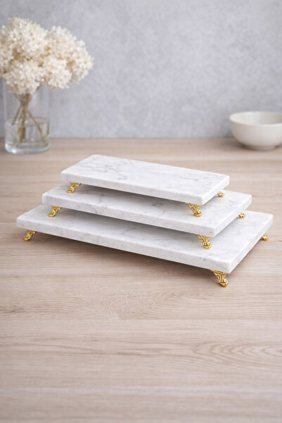 Marbello Lüks 3'lü Beyaz Mermer Sunum Tepsisi Seti - Gold Ayaklı Dikdörtgen S...