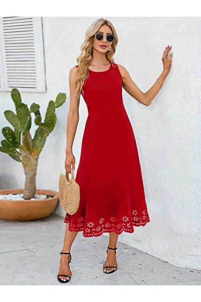 nedo7    فستان نسائي بدون أكمام بطبعة زهور مقطوعة بالليزر بطول متوسط من الكري...