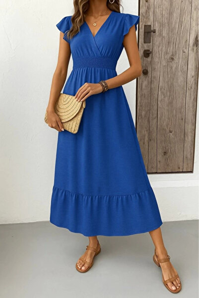 nedo7 فستان نسائي قصير بأكمام فراشة وياقة مزدوجة الصدر وخصر مطاطي