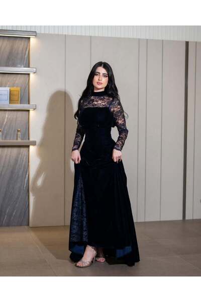 SKY dresses Navy blue American velvet dress with lace