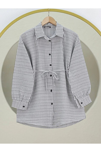 nedo7 Length Buttoned Lace up Striped Wrapped Shirt -Grey