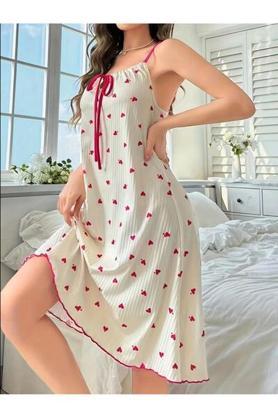 LaFont قميص نوم أنثوي بطول الركبة بنقشة قلوب جذابه مريح وناعم على الجسم