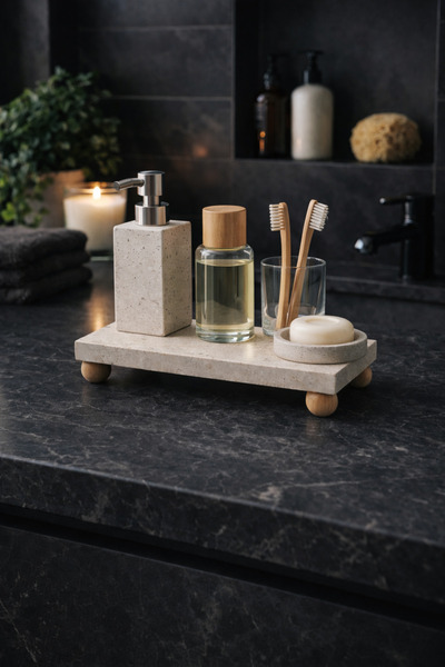 Marbello Doğal Mermer Banyo Organizer Tepsisi 12,5×25 cm – Ayaklı Mermer Teps...