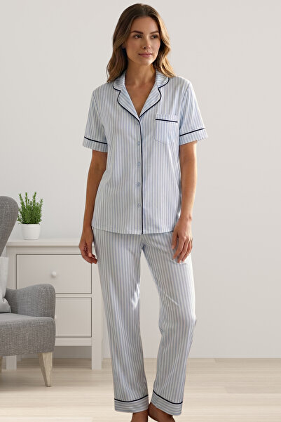 ByLohusa Blue Front Buttoned Short Sleeve Women's Pajama Set
