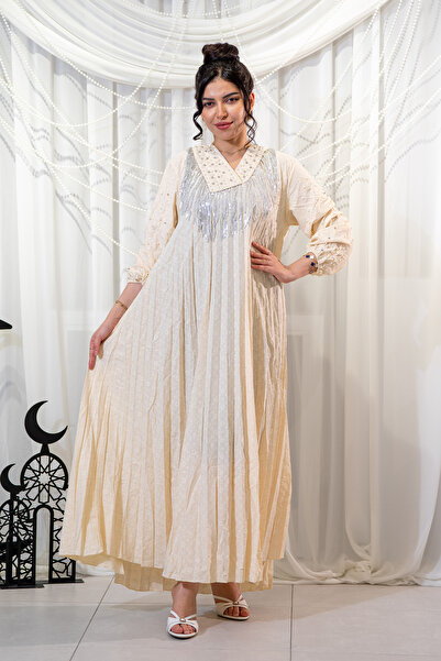 Hasnaa Abaya Light beige pleated galabiya with crystal collar