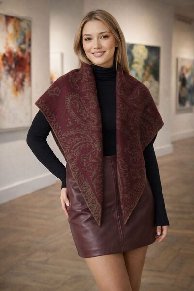 FELLMENS Burgundy Shawl Patterned Knitwear Triangle Shoulder Shawl 150X45 cm