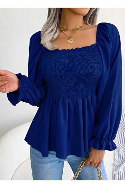 nedo7 Women's Long Sleeve Geometric Neckline Gipe Detailed Crepe Blouse