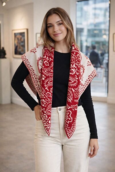 BALIENTE Red Shawl Patterned Knitwear Triangle Shoulder Shawl 150X45 cm