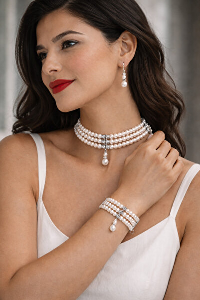 Chic Charms 3 sıra choker cam krem inci kolye küpe ve bileklik