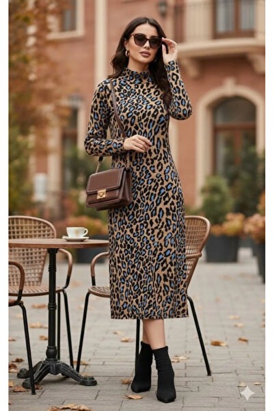 nedo7 فستان نسائي طويل الأكمام بياقة دائرية ونقشة الفهد بطول متوسط