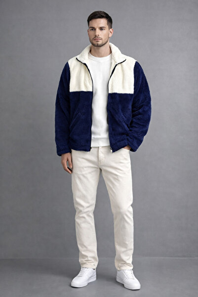 tiggirmoda Oversized Piece Full Zip Plush Jacket and Denim Pants, 2-Piece Set