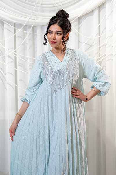 Hasnaa Abaya Sky blue jalabiya with pleats and a crystal collar