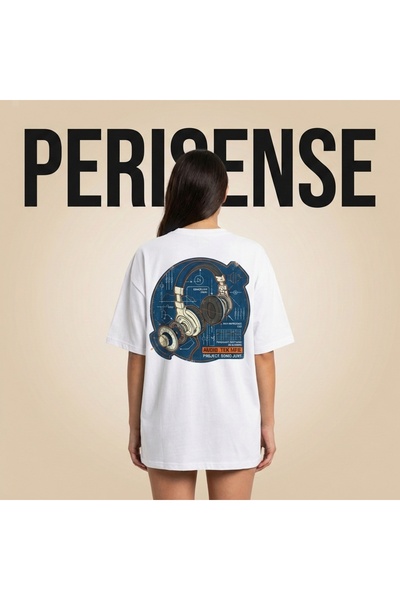 PERISENSE سماعات رأس للجنسين BLUEPRINT مطبوع تي شيرت مصنوع من القطن الممشط ال...