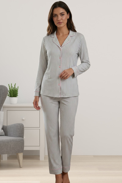 ByLohusa Gray Front Buttoned Long Sleeve Women's Pajama Set