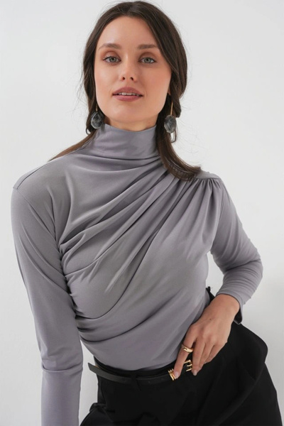 nedo7 925 Drawstring Detailed Sandy Blouse - Grey