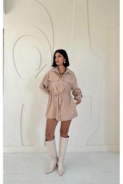 LUVYA Çıtçıtlı Bel Bağlamalı Tok Tensel Kumaş Ceket - BEJ