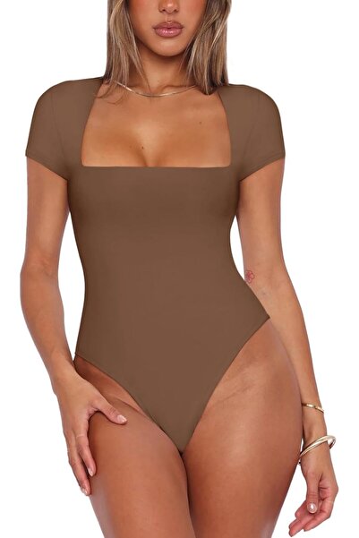 REORIA Women's Sexy Square Neck Double Lined Stretchy Short Sleeve Going Out ...