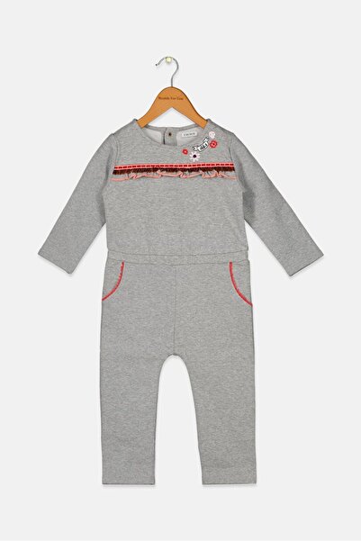 İkks Toddlers Girl Embroidered Mid Ruffle Detail Coverall, Grey