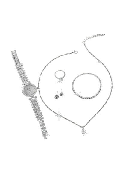 OEM 5-piece set, Women's watch with stones, pendant necklace, bracelet, earri...