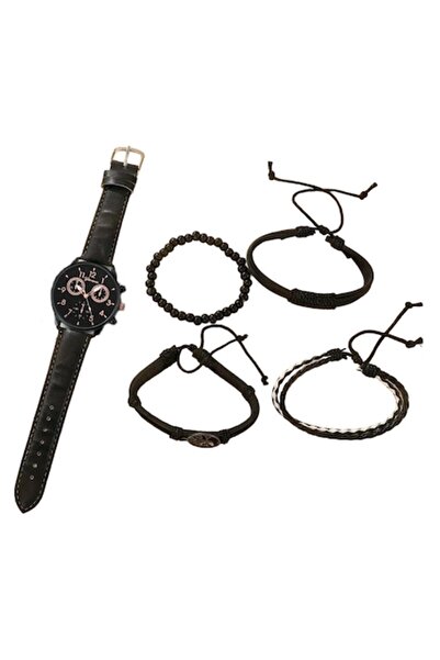 OEM Men's watch set, black dial, gold numbers, with 4 bracelets, black