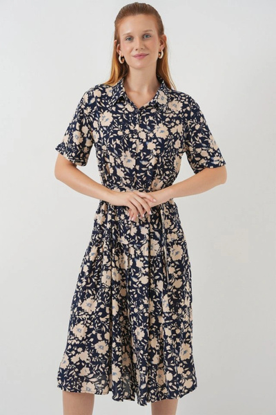 nedo7 Short Sleeve Patterned Dress 2560 - Navy Blue