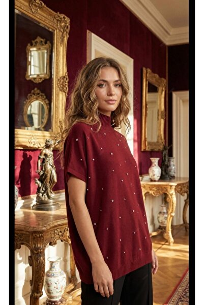 İnci Boğaz Detaylı Kısa Kollu Taşlı Bluz -Bordo