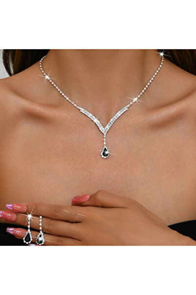 Kracer Silver Necklace and Earrings Set with Black & White Zirconia Stones, S...