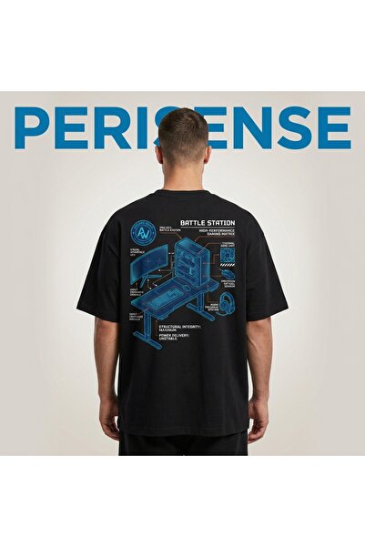 PERISENSE تي شيرت للجنسين Gaming Setup BLUEPRINT مطبوع Premium Penye قصة فضفاضة