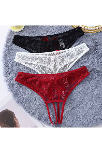 Bacio iç giyim Kadın 3’lü Seksi Ağ Bölgesi Açık Dantelli Tanga Seti