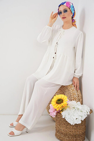 nedo7 طقم بنطلون وتونيك برباط أمامي مكون من قطعتين 6744 - أبيض