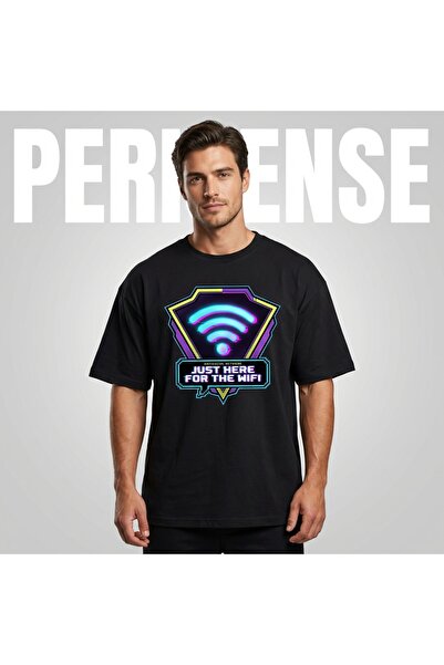 PERISENSE Unisex Just Here for the Wifi Printed Premium Combed Cotton Oversiz...