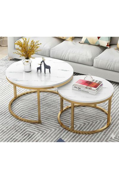 N.zone طقم طاولات قهوة دائرية فاخرة بتصميم عصري مع سطح ابيض و ارجل ذهبي (قطعتان)