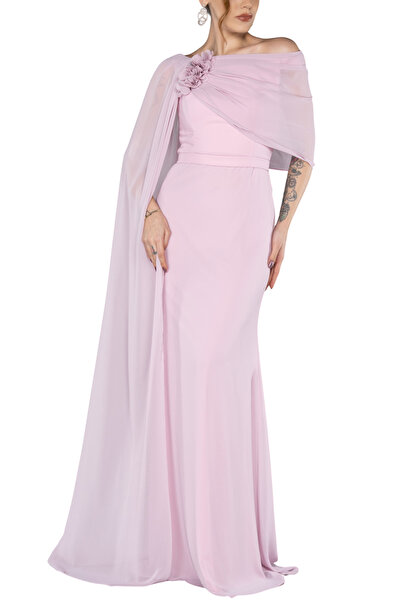 Arden Büyük Beden Uzun Abiye, Şifon Kayık Yaka Lila, Haki Zarif Düğün Abiye E...