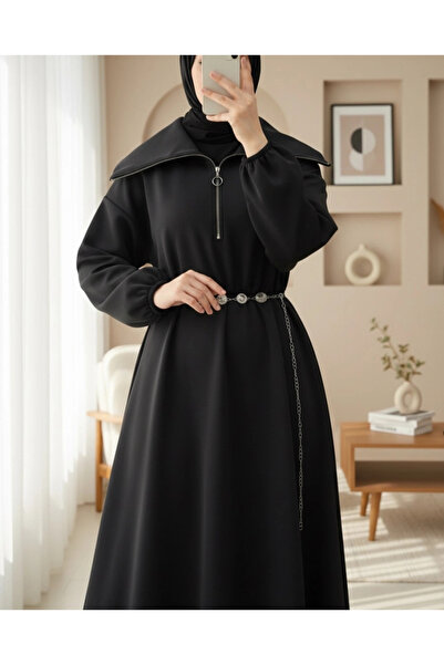 nedo7 High-Necked Half-Zippered Gathered Waist Belted Scuba Dress -Black