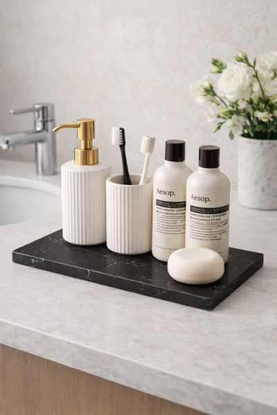 Marbello Siyah Mermer Banyo Düzenleyici ve Sunum Tepsisi - Dekoratif Tezgah Ü...