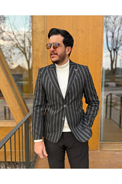 Avni Ceylan Men's Elite Series Pinstripe Single Button Blazer Jacket