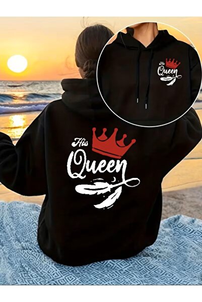 LAND MODA سترة بغطاء رأس مع لوحات أمامية وخلفية، طباعة 'ملكة له'،