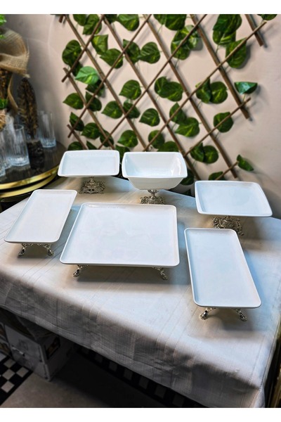 SEÇKİNEV Helen 5 Parça Porselen Döküm Metal Ayaklı Gümüş Sunum Tabağı Set