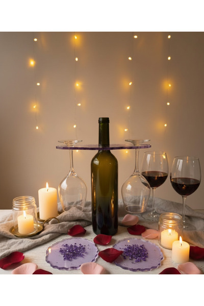 Lumine Glow Atelier El Yapımı Mor Reçineli Şarap Kadehlik – 3 Parça Set