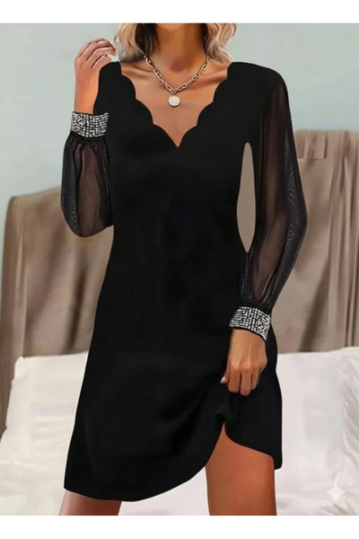 nedo7 فستان نسائي طويل الأكمام بياقة على شكل V مع تفاصيل من التول المقطوع بال...