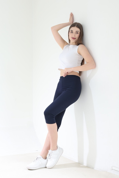 Tight Lady Süper Kalite Lacivert Penye %100 Pamuklu Likralı Diz Altı Kapri Tayt Yüksek Bel