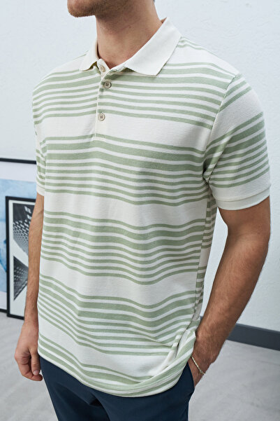 duo fideles Men's Regular Fit Cotton Soft Textured Striped Polo Neck T-Shirt