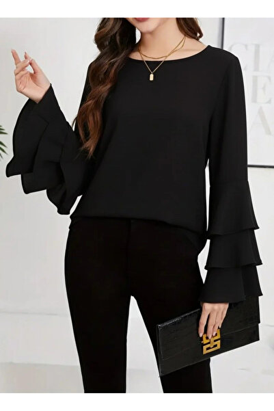 nedo7 Women's Long Sleeve Crew Neck Sleeves Spanish Flounce Sandy Blouse