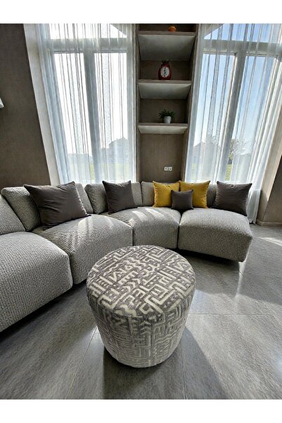 Framgan Prime Dokulu Geometrik Desenli Silindir Puff Lüks Dekoratif Oturma Pufu