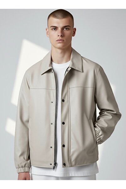 ATKGİYİM Men's Cream Black Zippered Faux Leather Shacket - New Season Relaxed...