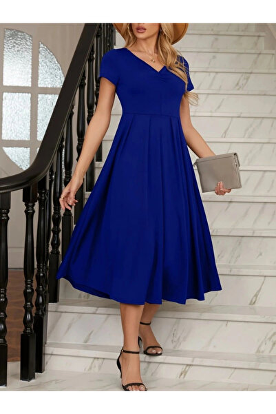 nedo7 فستان نسائي من الكريب ميدي جانجان بأكمام قصيرة وياقة على شكل حرف V ومطو...