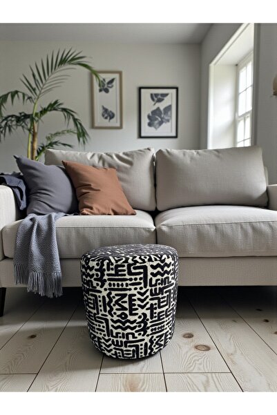 Framgan Prime Dokulu Geometrik Desenli Silindir Puff Lüks Dekoratif Oturma Pufu