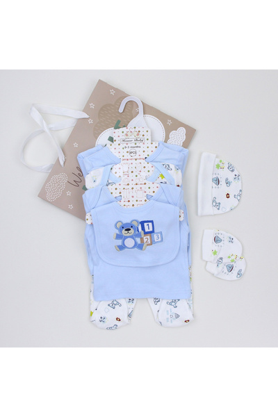 TEA1986 Set of 8 baby clothes with teddy bear, made of 100% cotton, blue;