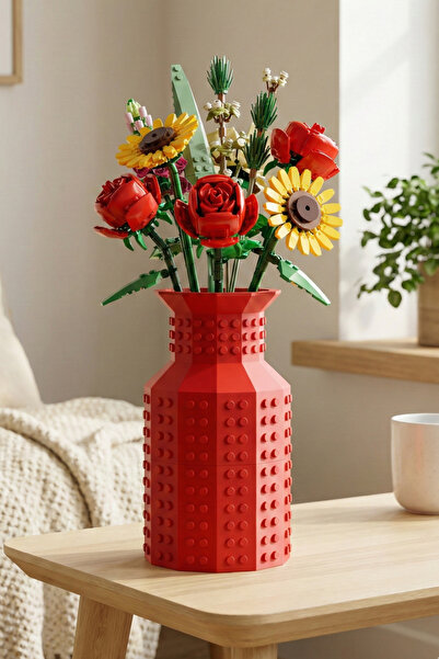 Biparca Store Lego Çiçek Uyumlu Özel Tasarım Dekoratif Vazo Biyoplastik Kırmı...