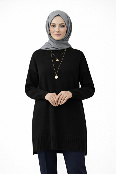 KAREL BUTİK Siyah Bisiklet Yaka Oversize Kadın Kazak Tunik